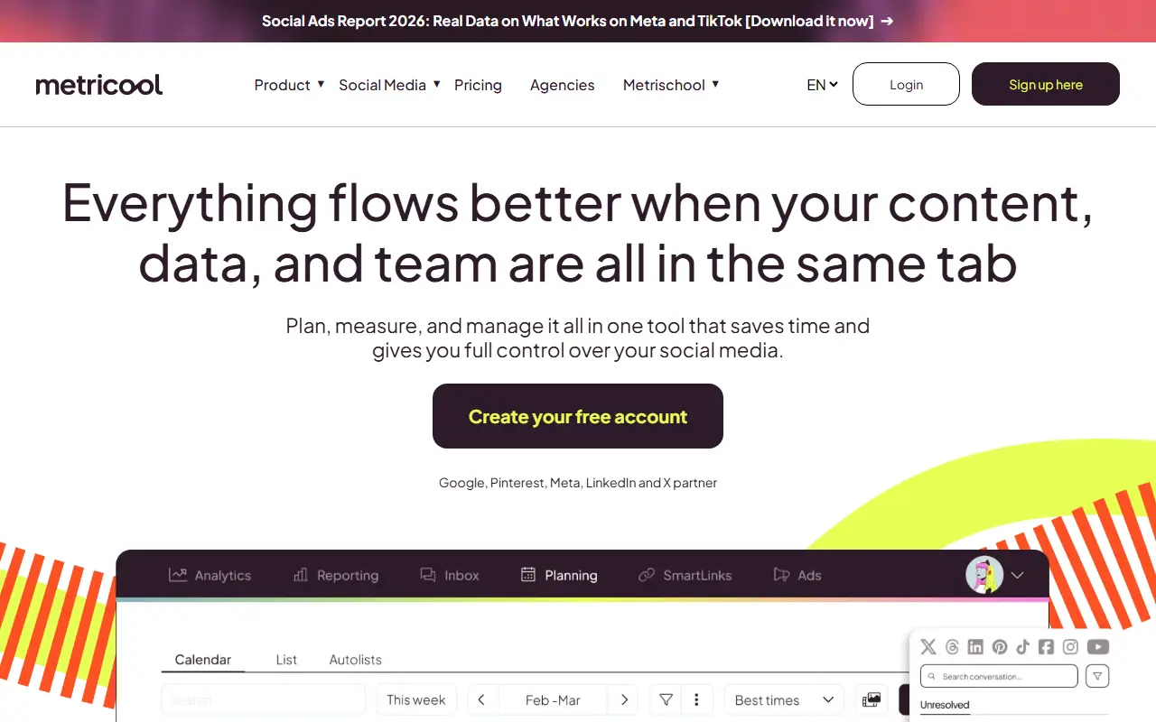 Metricool homepage screenshot