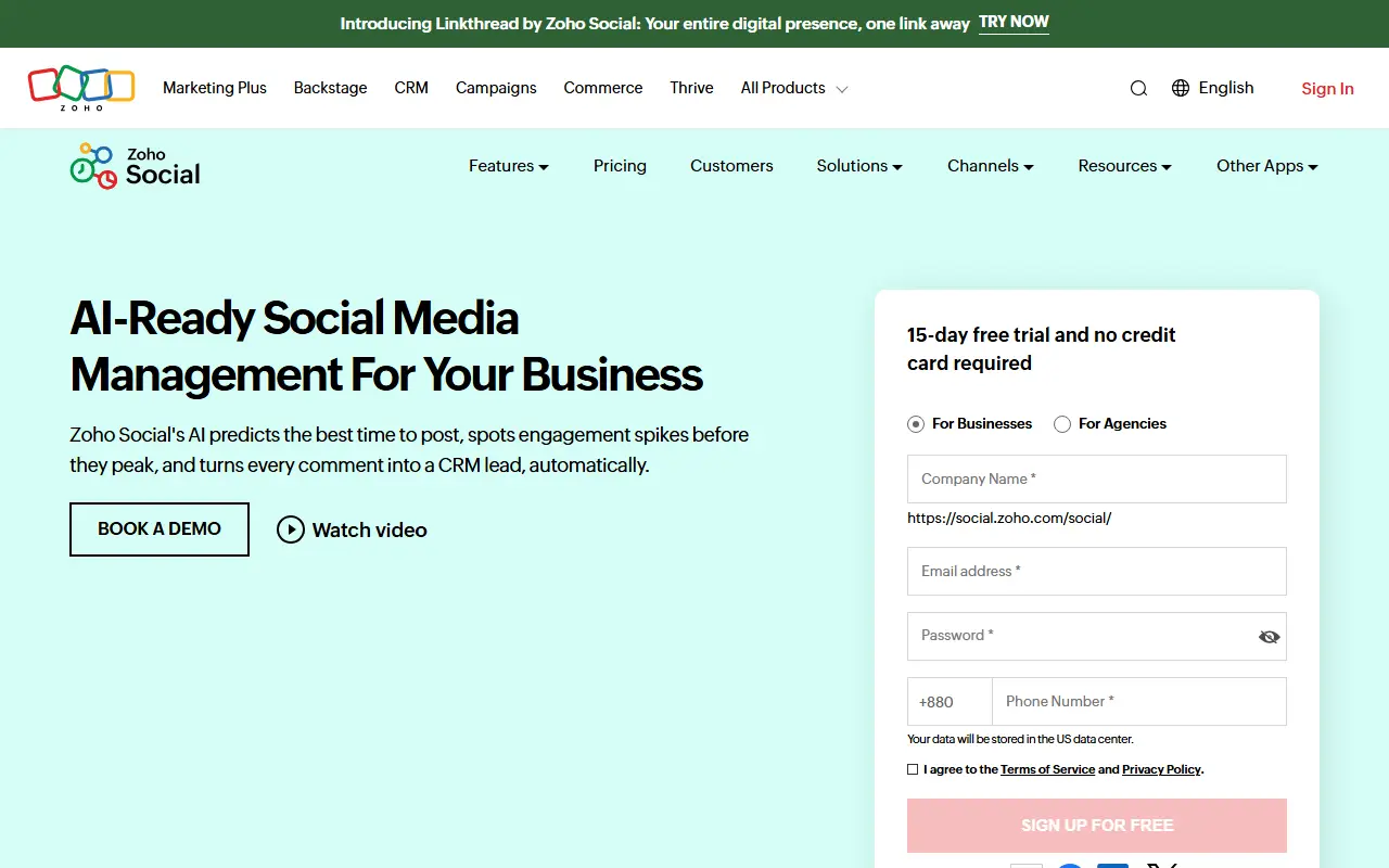 Zoho Social homepage screenshot
