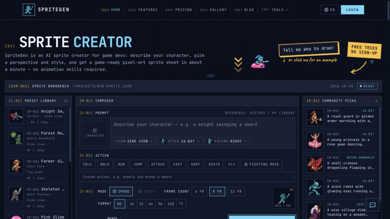 SpriteGen homepage screenshot